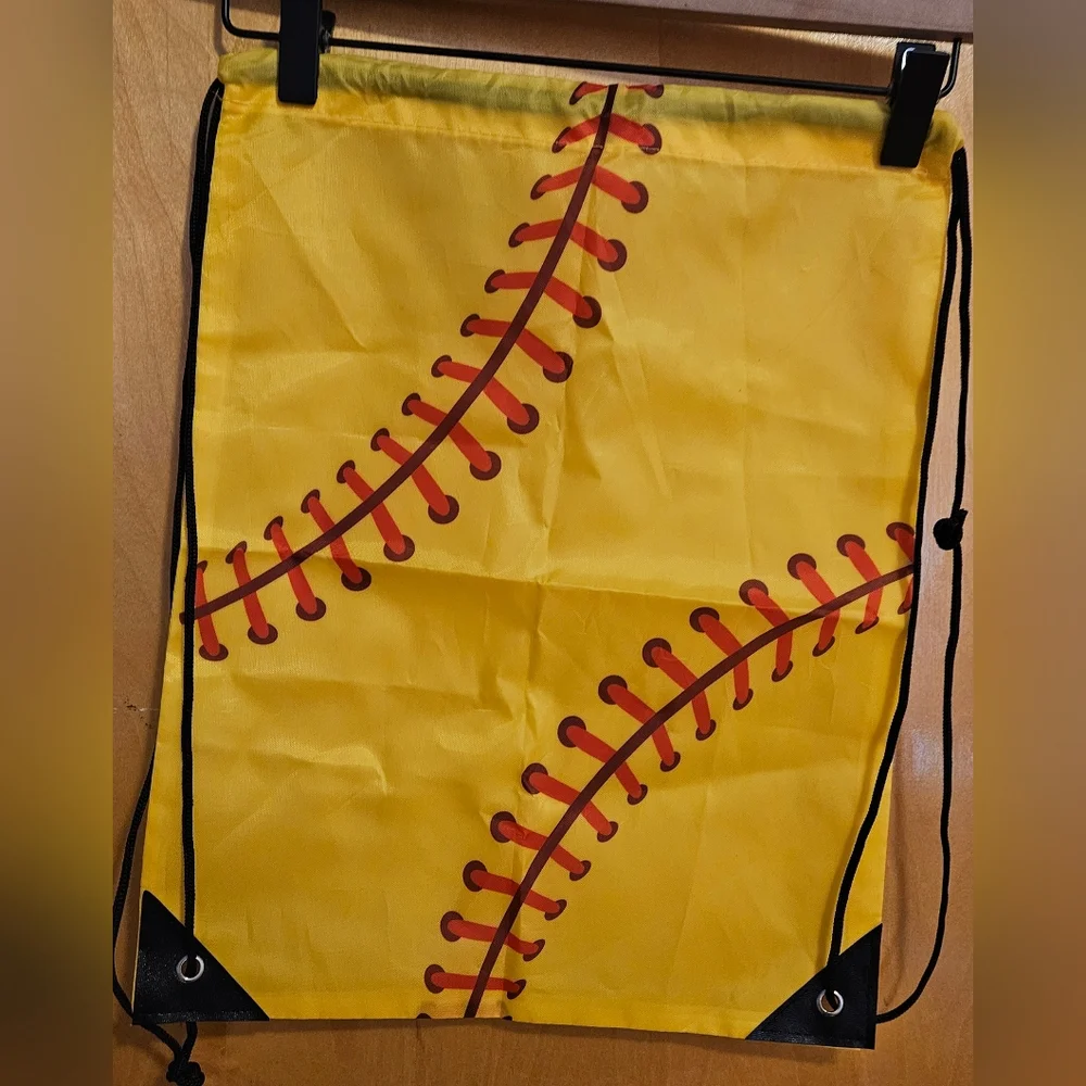 Yellow Drawstring Bag with Red Baseball Stitching